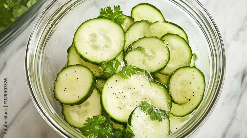 Fresh Cucumber Salad with Herbs and Seasoning in Clear Bowl on Marble Countertop Fresh Cucumber Salad with Herbs and Seasoning in Clear Bowl on Marble Countertop