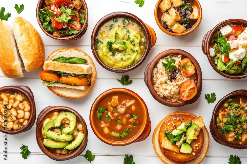 Overhead shot of various bowls of soup, stew, salad, sandwich, and bread. Overhead shot of various bowls of soup, stew, salad, sandwich, and bread.