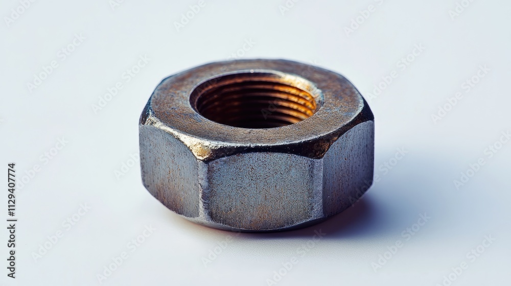 Metallic steel nut on a clean white background highlighting its threaded interior and hexagonal design for industrial and engineering themes Metallic steel nut on a clean white background highlighting its threaded interior and hexagonal design for industrial and engineering themes