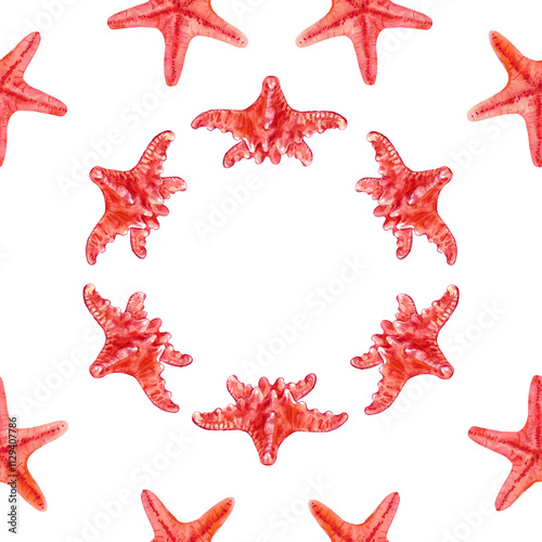 Pattern of starfish in a circle creatures underwater world in watercolor. Asterias Rubens in reddish with a central disk and five arms. The common Starfish, common Sea Star or Sugar Starfish is drawn