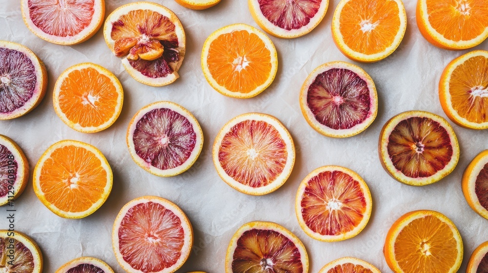 Sliced citrus fruits including blood oranges and navel oranges arranged on a light background creating a vibrant and fresh composition Sliced citrus fruits including blood oranges and navel oranges arranged on a light background creating a vibrant and fresh composition