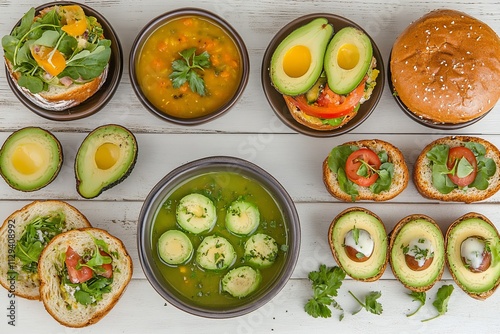 Overhead shot of various avocado dishes sandwiches, soup, and halves.