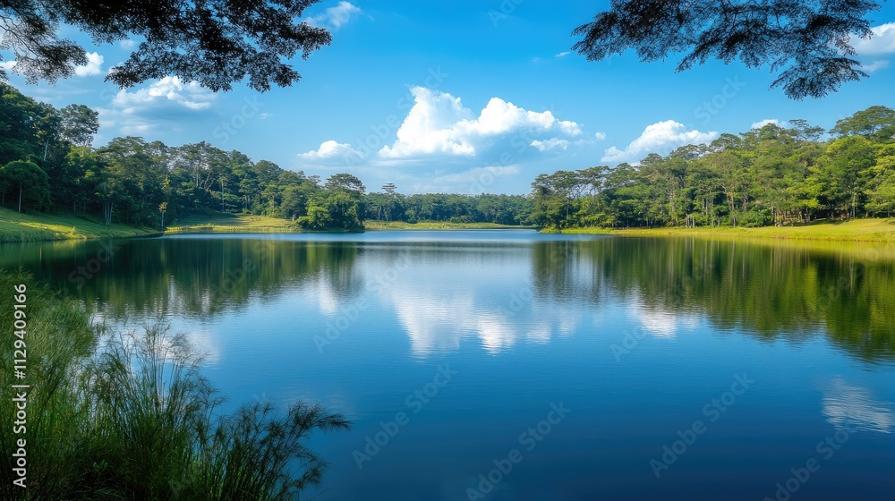 Fototapeta premium Tranquil Lake Surrounded by Lush Greenery Under a Clear Blue Sky Reflection in Calm Water
