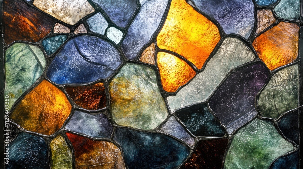Colorful stained glass surface with abstract shapes creating a vibrant textured background for artistic or decorative themes Colorful stained glass surface with abstract shapes creating a vibrant textured background for artistic or decorative themes