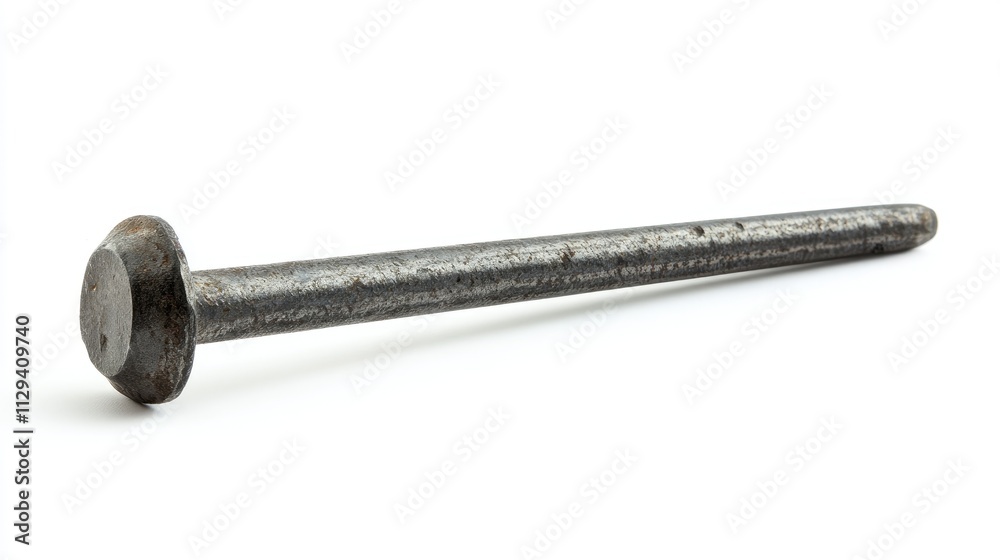 Side view of a common steel nail isolated on white background showcasing its design and metallic texture for industrial or construction themes Side view of a common steel nail isolated on white background showcasing its design and metallic texture for industrial or construction themes