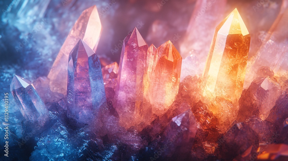 A vibrant cluster of crystals glows in shades of purple and orange, set against a dreamy, shimmering background. A vibrant cluster of crystals glows in shades of purple and orange, set against a dreamy, shimmering background.