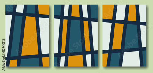 Vector set of colorful abstract cubism posters. Painting with straight and regular line