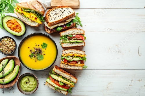 Assorted sandwiches, avocado, soup, and toppings on white wood.