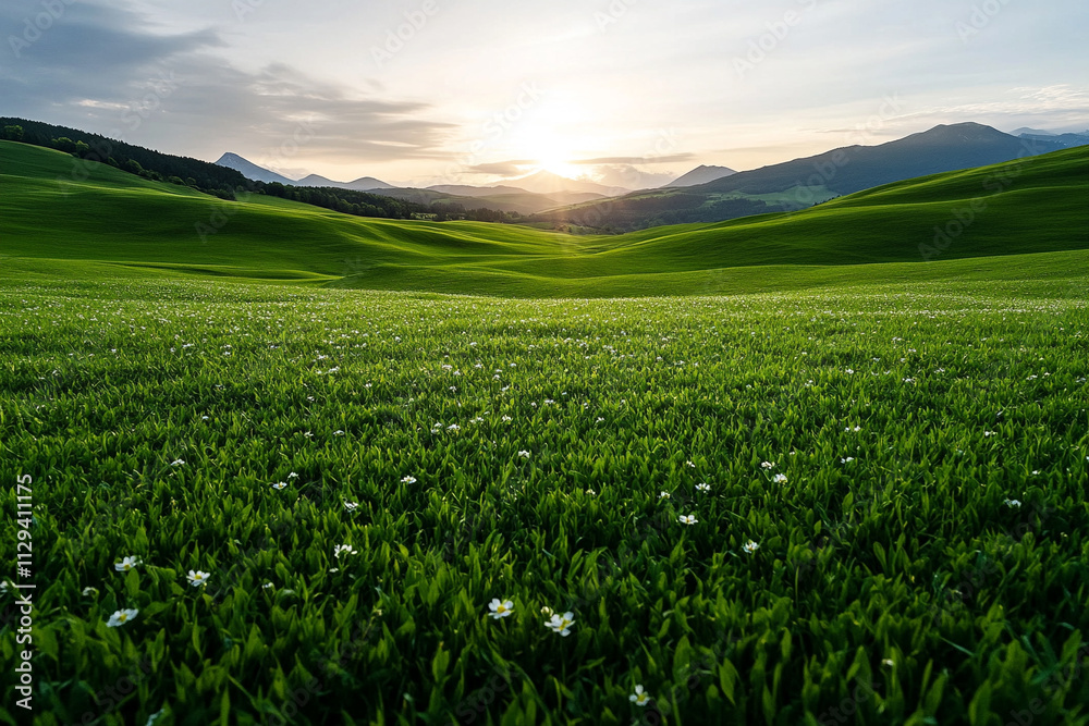 Beautiful sunset over lush green fields and mountains Beautiful sunset over lush green fields and mountains