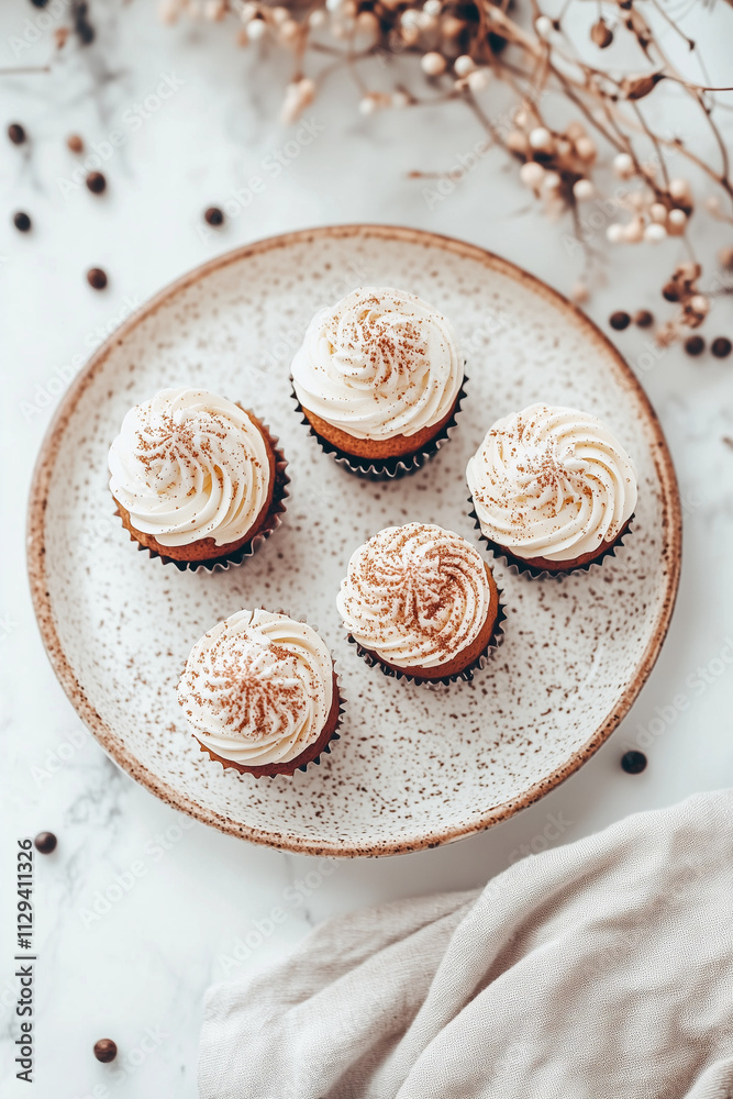 Ceramic Plate with Cupcakes on Light White Table in Minimalist Elegant Setting