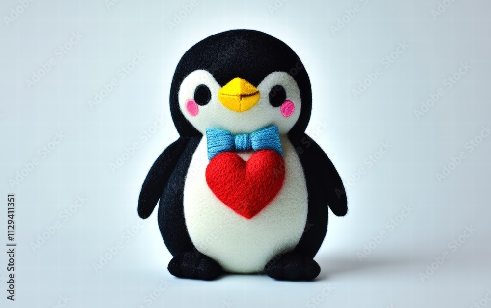 Fototapeta premium A charming penguin plush wearing a bowtie, holding a red heart, with vibrant colors on a bright white background