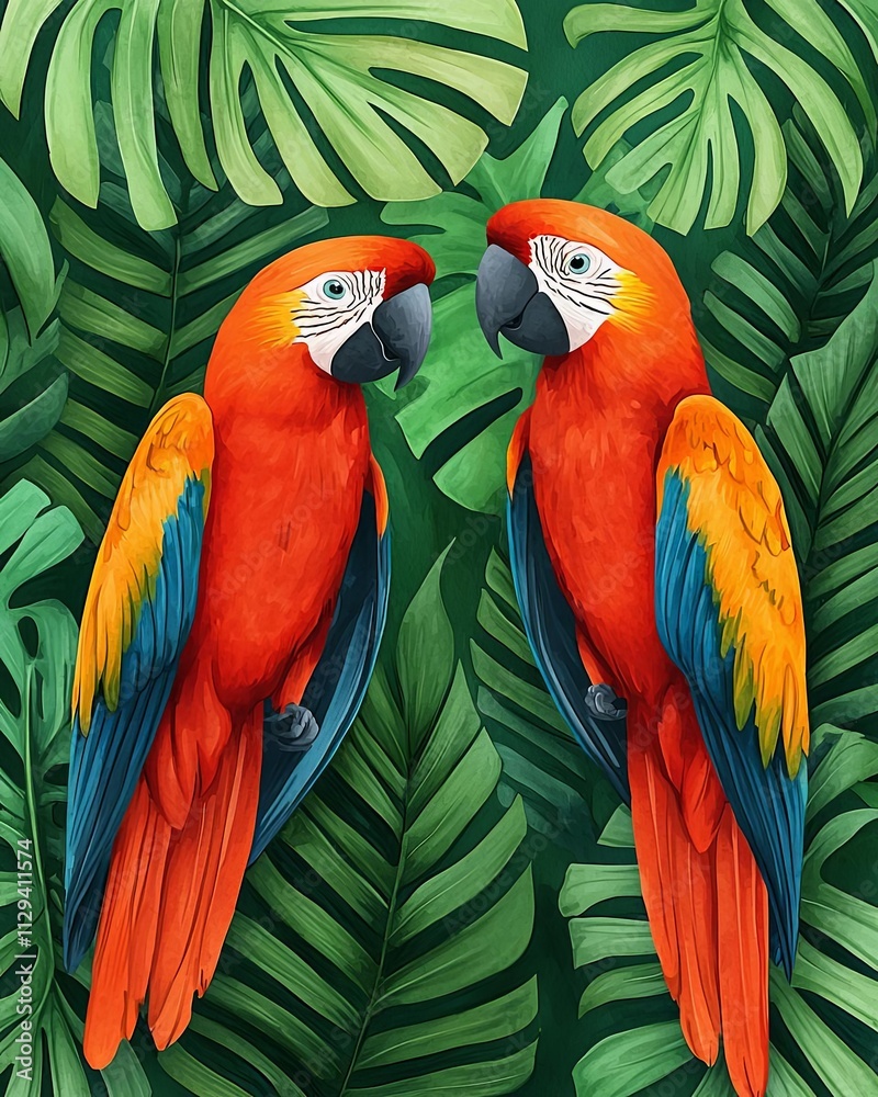 Fototapeta premium Two vibrant parrots perched amidst lush green tropical leaves.