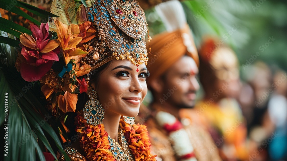 A vibrant cultural celebration featuring a beautifully adorned woman in traditional attire, surrounded by greenery and festive elements. A vibrant cultural celebration featuring a beautifully adorned woman in traditional attire, surrounded by greenery and festive elements.