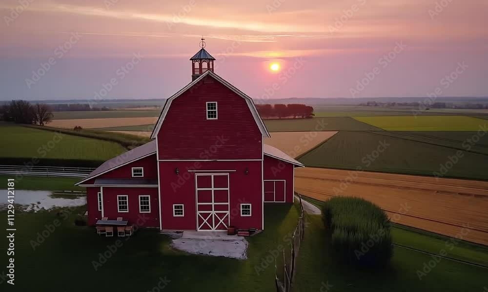 Red barn at sunset in scenic countryside video animation. Classic farm building evening rural landscape animated footage HD clip seamless motion graphics. Agricultural farmland concept
