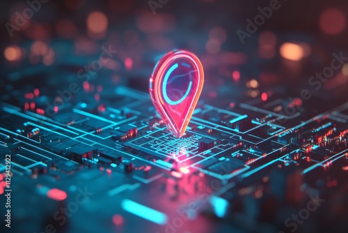 Digital map pointer highlights location on an abstract city grid with neon colors and intricate details