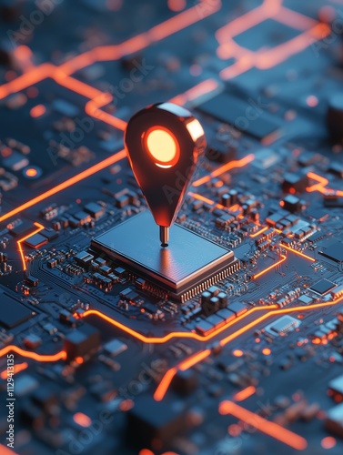 High-tech circuit board with location pin glowing in bright orange at night