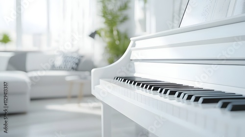 A modern white digital piano in a bright Scandinavian-style interior. photo