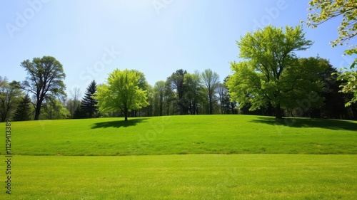 Lush green lawn surrounded by tall trees under a clear blue sky on a sunny summer day, sunny