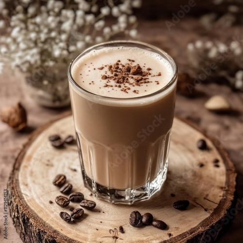 Delicious creamy coffee beverage served in a glass on a rustic wooden slice with coffee beans and decorative flowers