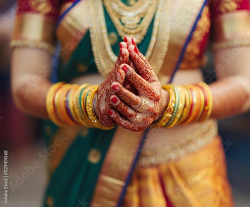 Traditional Indian wedding with guests in colorful attire photo