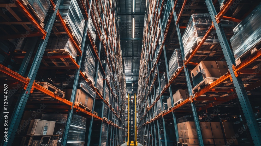 High-bay warehouse interior with numerous orange racks filled with goods. High-bay warehouse interior with numerous orange racks filled with goods.