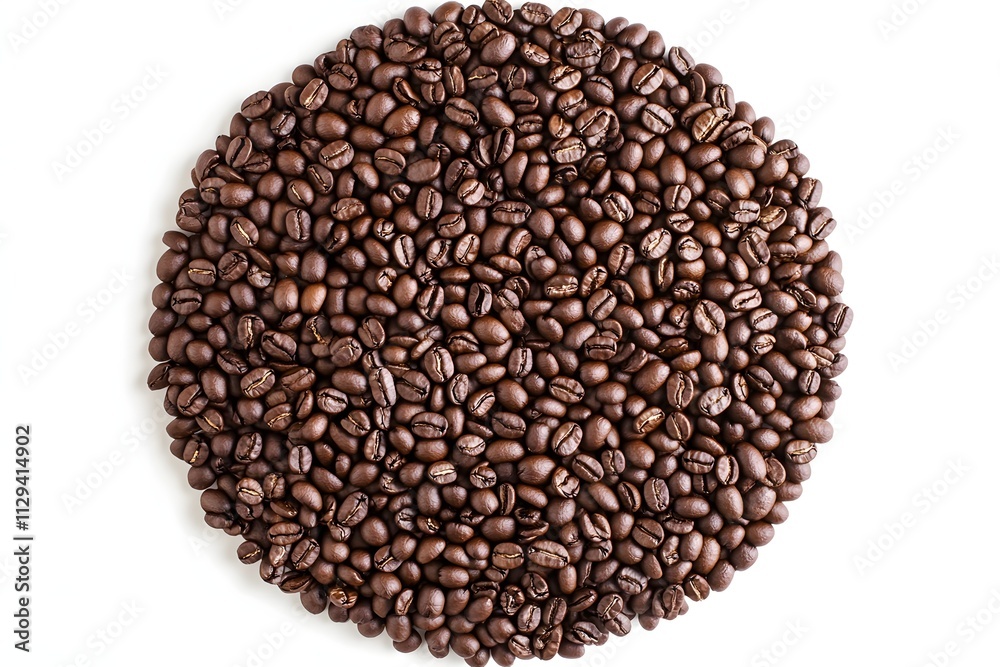 Circular arrangement of dark coffee beans on white background