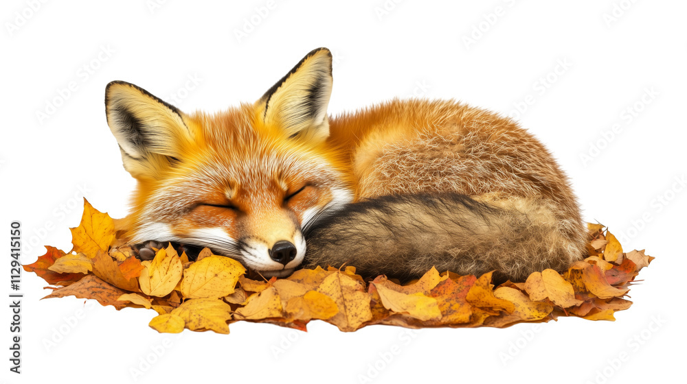 Fototapeta premium Fox curled up sleeping on bed of autumn leaves isolated on transparent background