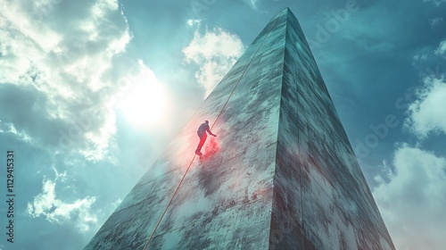 A secret agent scaling a massive obelisk with a rope while avoiding laser security. photo