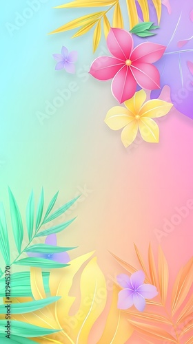 A vibrant and colorful background with tropical flowers, palm leaves, and rainbow colors for summer-themed