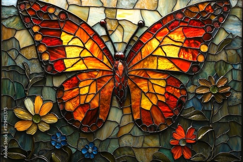 Stained glass butterfly with vibrant floral design photo