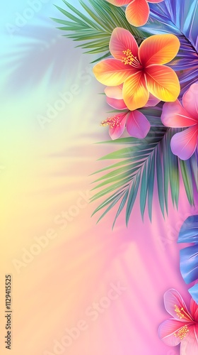 A vibrant and colorful background with tropical flowers, palm leaves, and rainbow colors for summer-themed