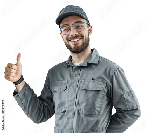 A man in uniform holds up a thumbs up. Household appliance repair, service engineer, delivery, maintenance, loader, worker.