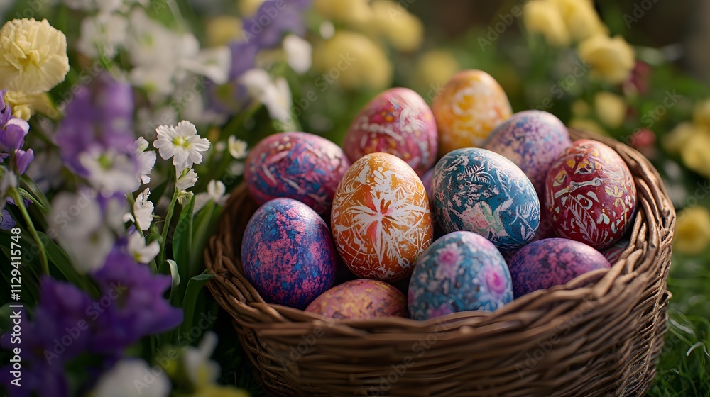 A set of freshly dyed Easter eggs in a basket surrounded by spring flowers. A set of freshly dyed Easter eggs in a basket surrounded by spring flowers.