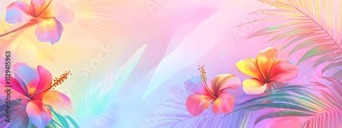 A vibrant and colorful background with tropical flowers, palm leaves, and rainbow colors for summer-themed