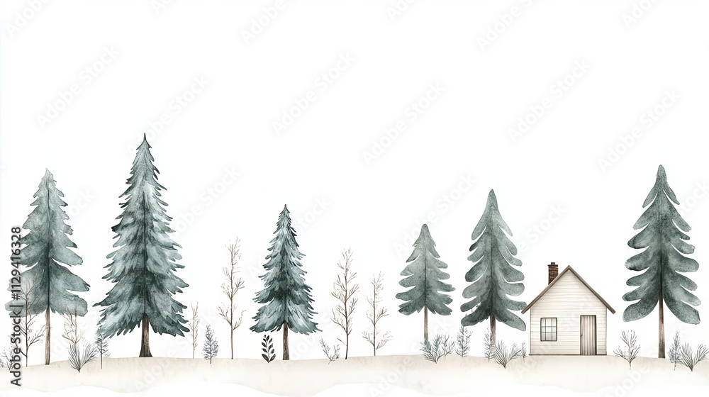 Obraz premium Charming winter scene with trees and a cozy house in a snowy landscape.