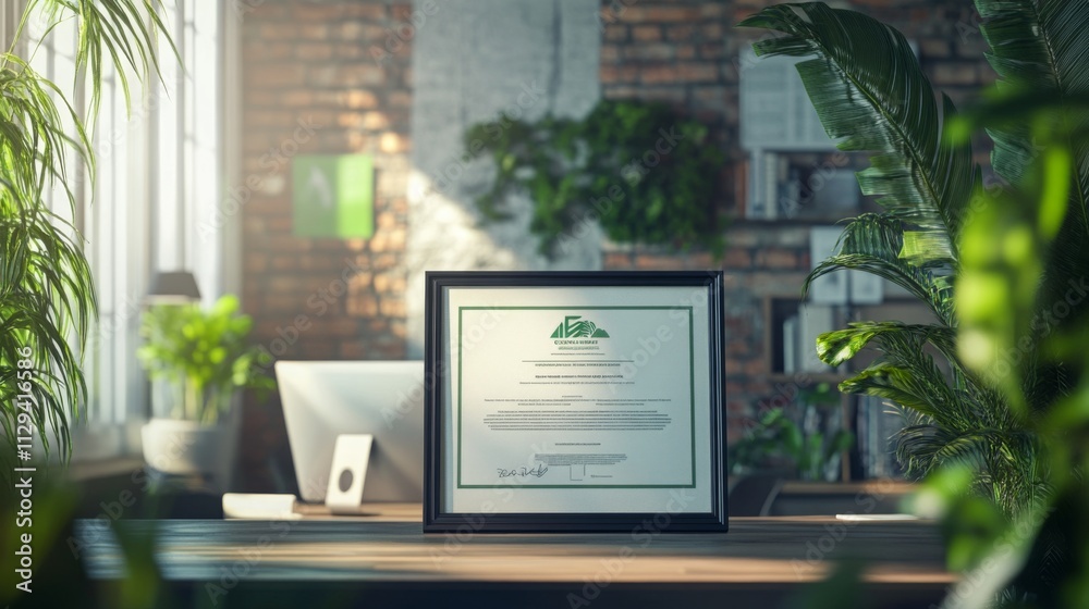 A certificate recognizing expertise in sustainable finance is prominently displayed on a sleek desk. Green plants and natural light enhance the modern office, creating an inspiring atmosphere. A certificate recognizing expertise in sustainable finance is prominently displayed on a sleek desk. Green plants and natural light enhance the modern office, creating an inspiring atmosphere.