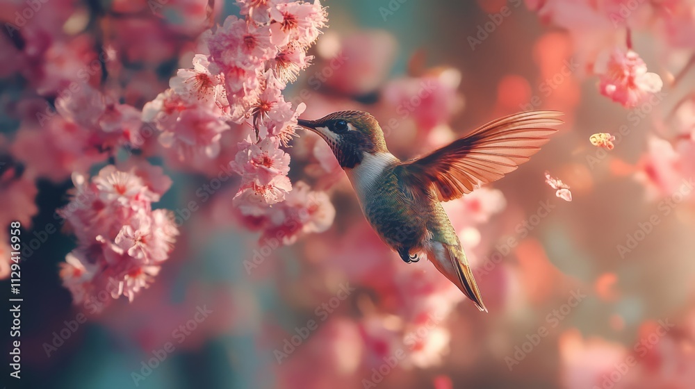 Fototapeta premium Hummingbird feeding on pink blossoms.