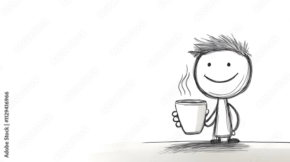 A stickman holding a cup of steaming coffee looking relaxed and content. A stickman holding a cup of steaming coffee looking relaxed and content.