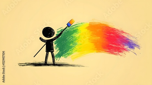 A stickman holding a paintbrush and painting a rainbow. photo