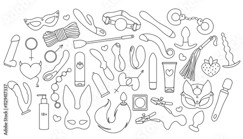 Big vector set of adult sex toys, accessories for bdsm sex games, linear black and white icons, doodle and sketch style, hand drawing