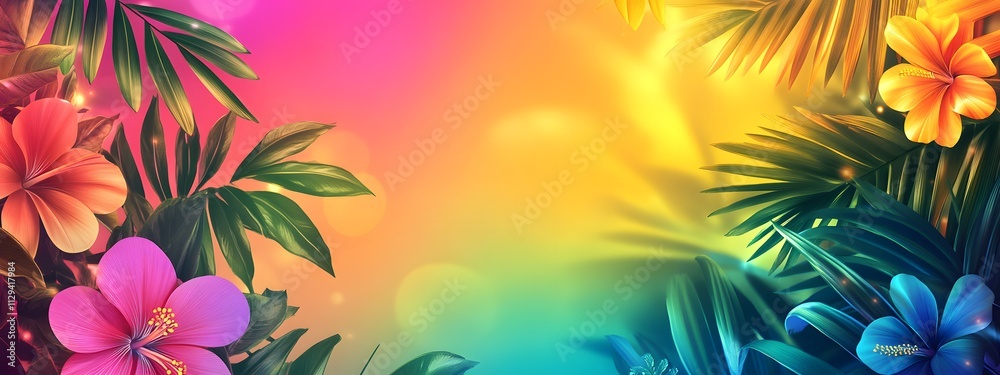A vibrant and colorful background with tropical flowers, palm leaves, and rainbow colors for summer-themed
