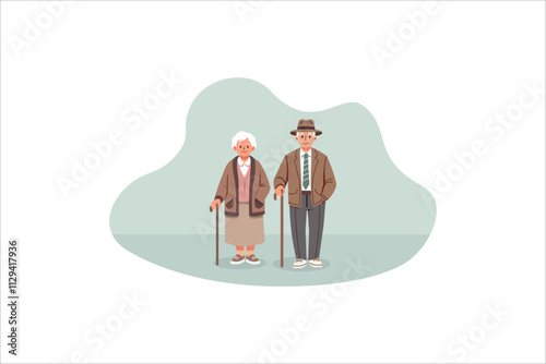 Illustration Senior women and men standing and walking with sticks, Vector illustration.