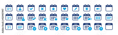 Calendar icon set. Containing date, schedule, month, week, appointment, agenda, organization and event icons. Solid icon collection. Vector icons 10 eps.
