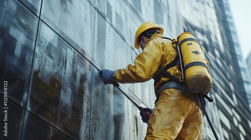 Construction Worker is Cleaning a Facade Using a High Pressure Washer Construction Worker is Cleaning a Facade Using a High Pressure Washer