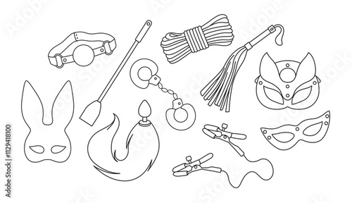 vector set of adult sex toys, accessories for bdsm sex games, linear black and white icons, doodle and sketch style, hand drawing