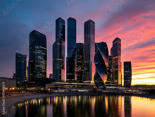 Cityscape at dusk with vibrant colorful sky photo