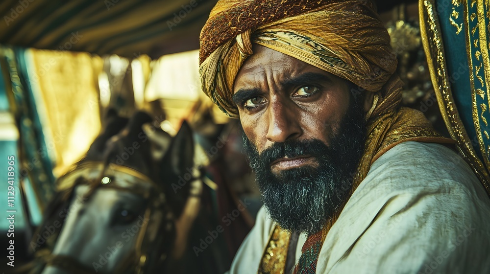 An Egyptian agent disguised as a merchant in a caravan carrying a hidden artifact. An Egyptian agent disguised as a merchant in a caravan carrying a hidden artifact.