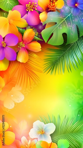 A vibrant and colorful background with tropical flowers, palm leaves, and rainbow colors for summer-themed
