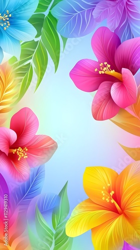A vibrant and colorful background with tropical flowers, palm leaves, and rainbow colors for summer-themed