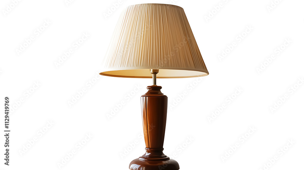 A lamp with a white shade sits on a white background A lamp with a white shade sits on a white background
